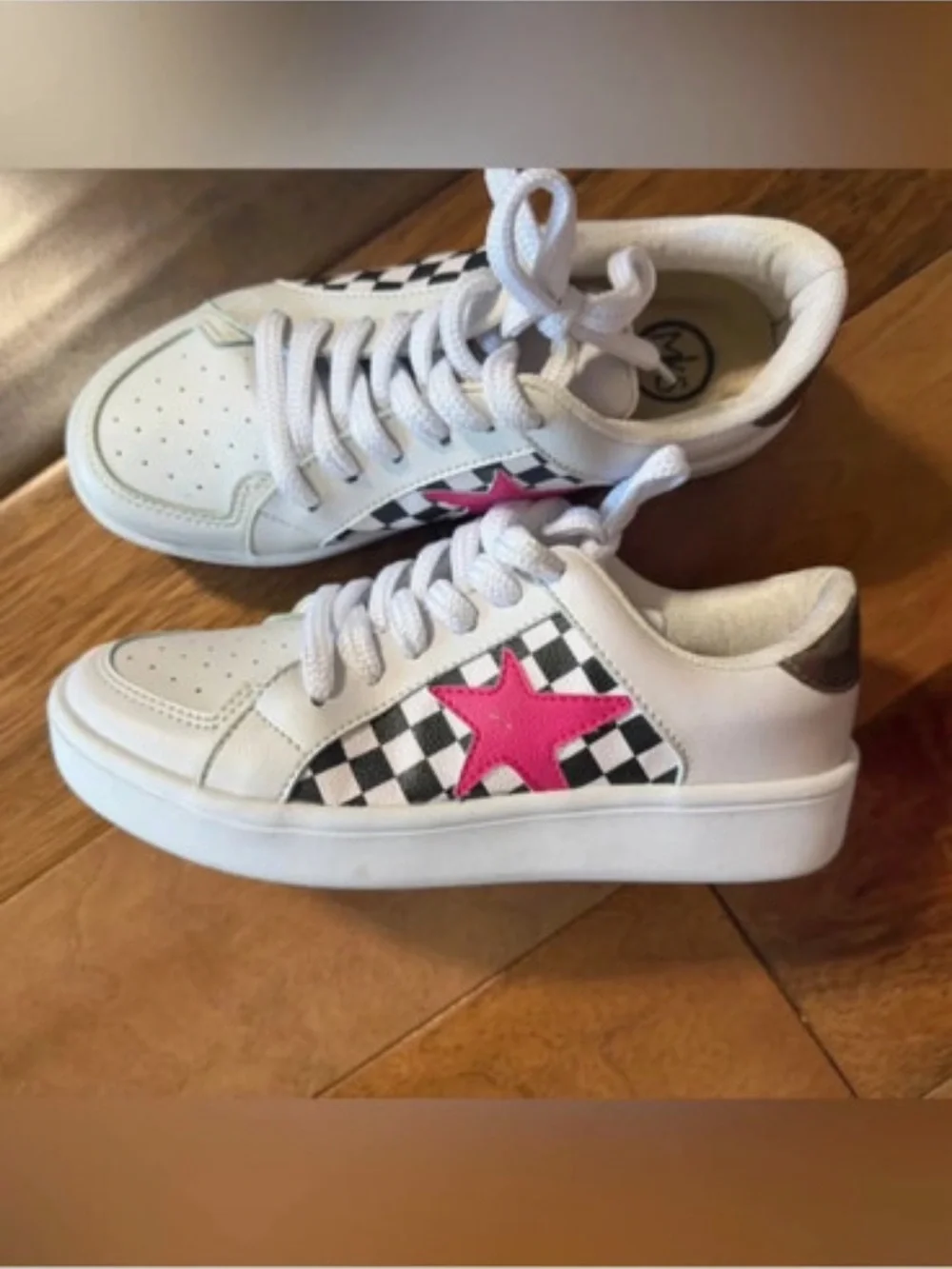 Women’s White Sneakers with Pink Star and Checker Accents